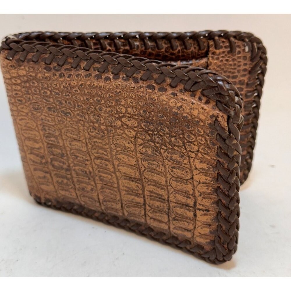Vintage Brown Leather Crocodile Embossed Bi-Fold Wallet  Braided Edge Detail